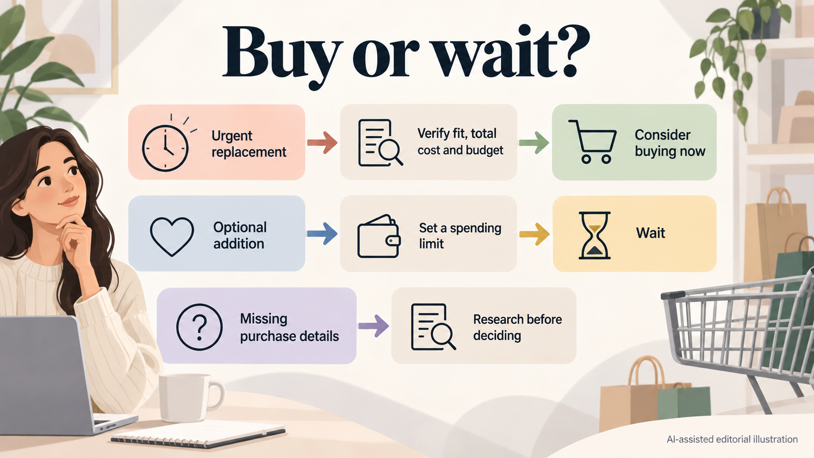Make the buying-timing framework easy to apply while distinguishing immediate needs, optional purchases and decisions requiring further verification