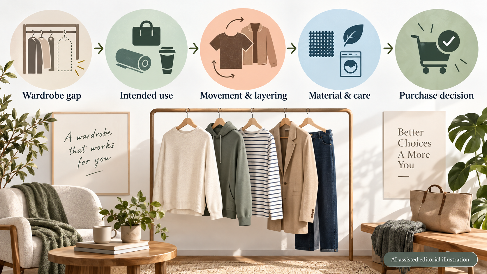 Editorial illustration for How to choose women's everyday wardrobe basics for your needs