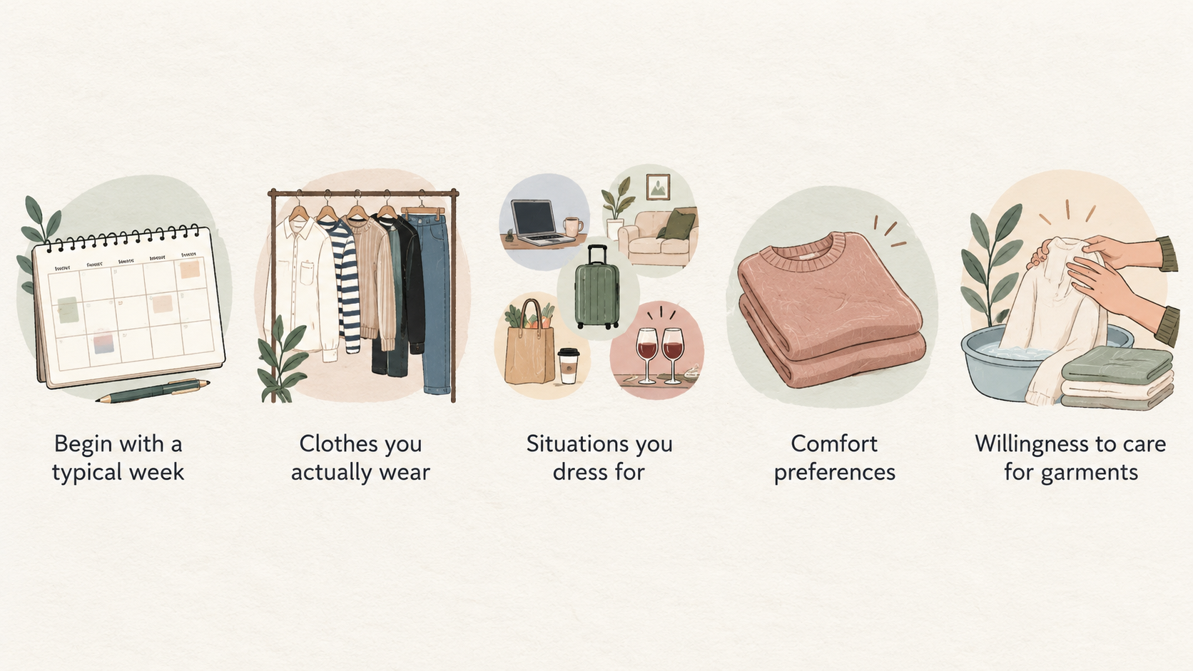 Show a numbered four-step checklist for starting a wardrobe audit: begin with a typical week, gather outfits from existing clothes, describe practical gaps, and check whether an