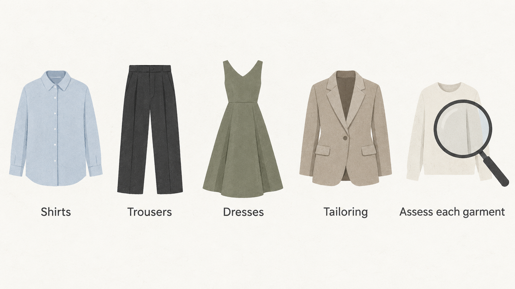Show the section’s stated starting point and garment checks in a five-point numbered checklist: gap in your wardrobe, shape, materials, care, and total cost.