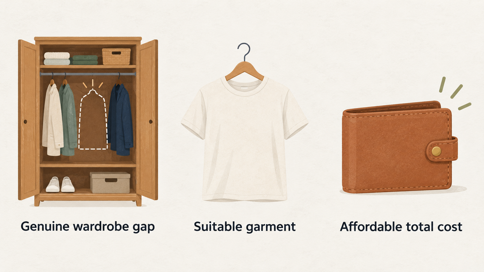 Show one numbered three-step checklist for defining the garment need, checking for an existing substitute, and setting a spending ceiling.