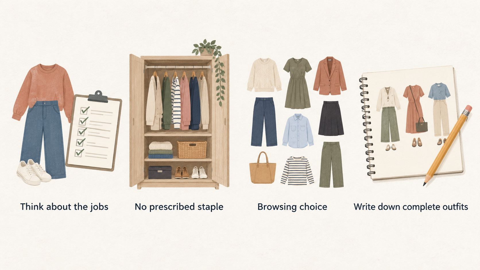 Illustrate the five clothing categories and possible roles the section asks readers to consider, in one labeled icon row.