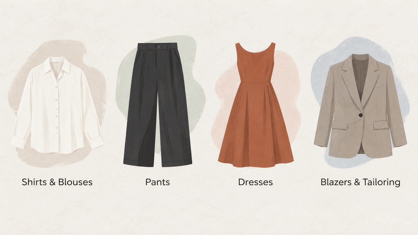 Show the four clothing categories named in the section as one row of labeled icons, illustrating the stated category breadth.