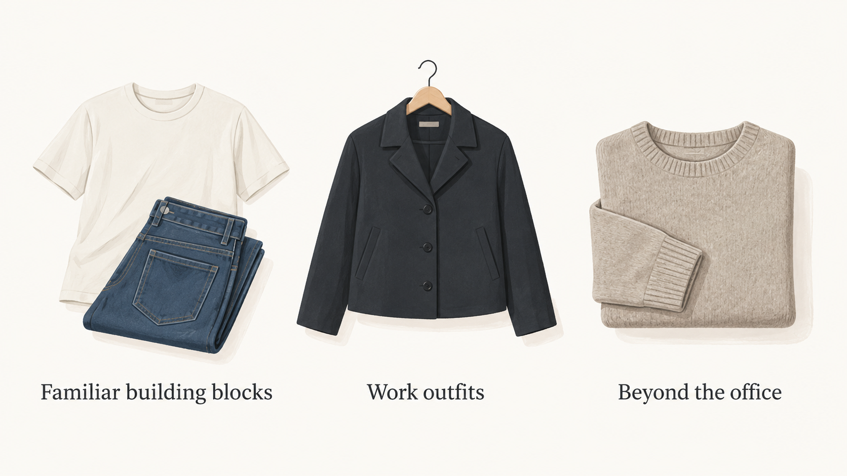 Illustrate the two source-supported wardrobe roles: UNIQLO basics as wardrobe foundations and COS outfits selected for office wear with weekend usefulness.