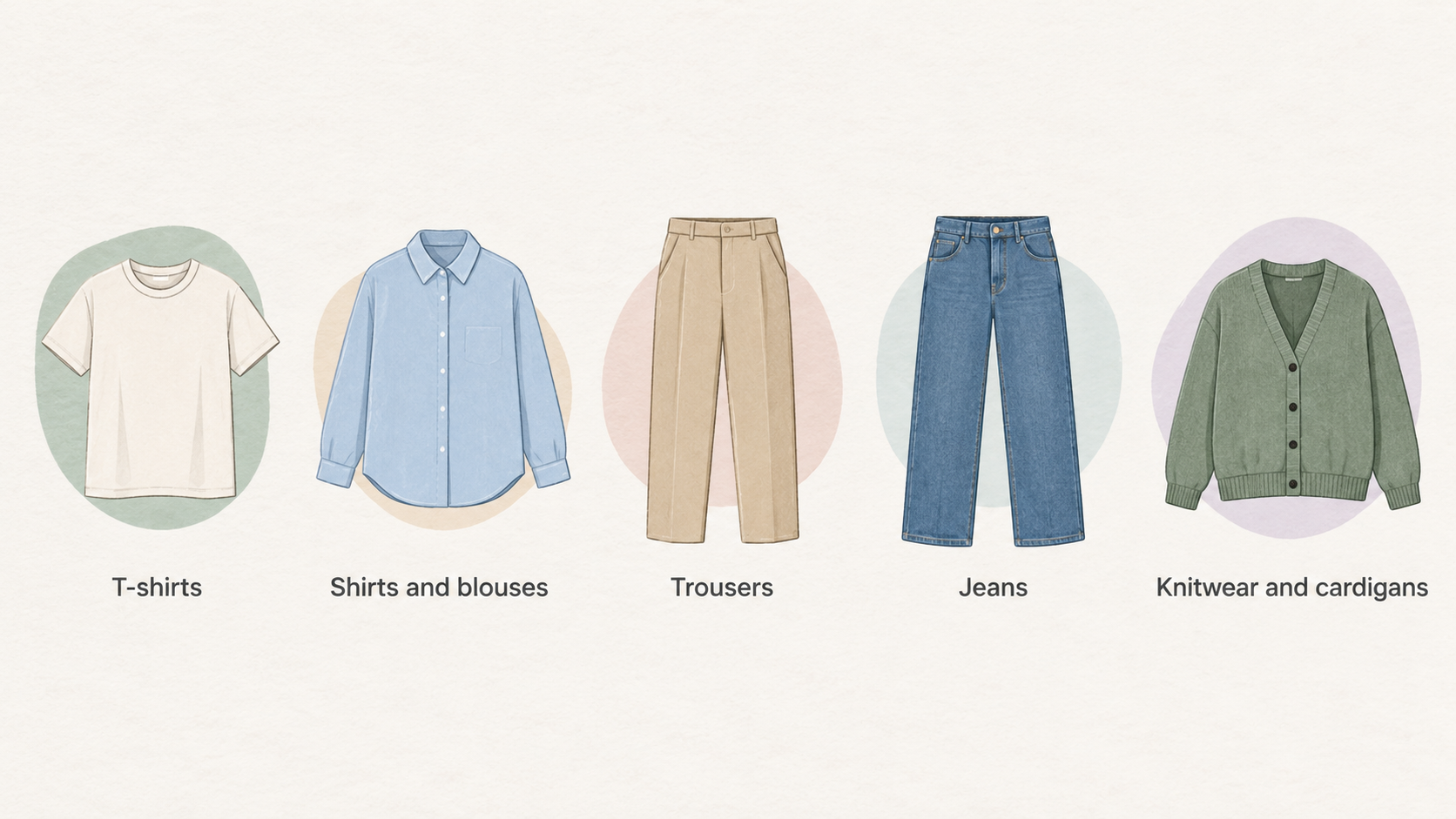 Illustrate the women’s clothing categories named in the section as a compact category range, without mapping wardrobe needs to products.