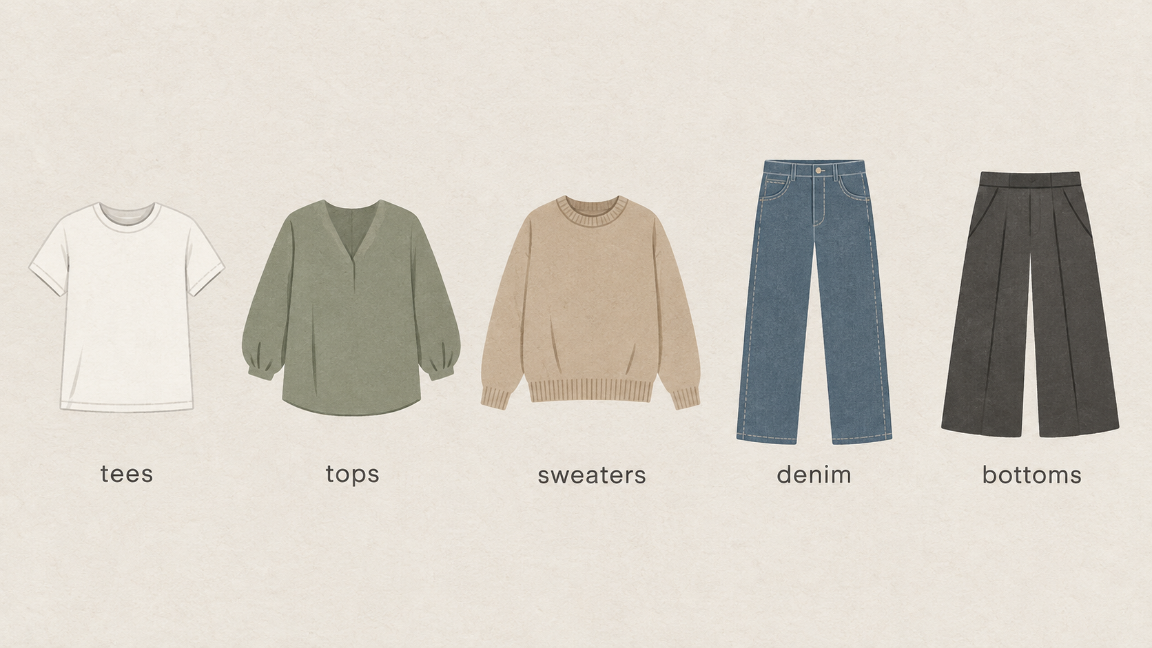 Show the six categories the supplied women's page lists as entry points for everyday wardrobe planning.