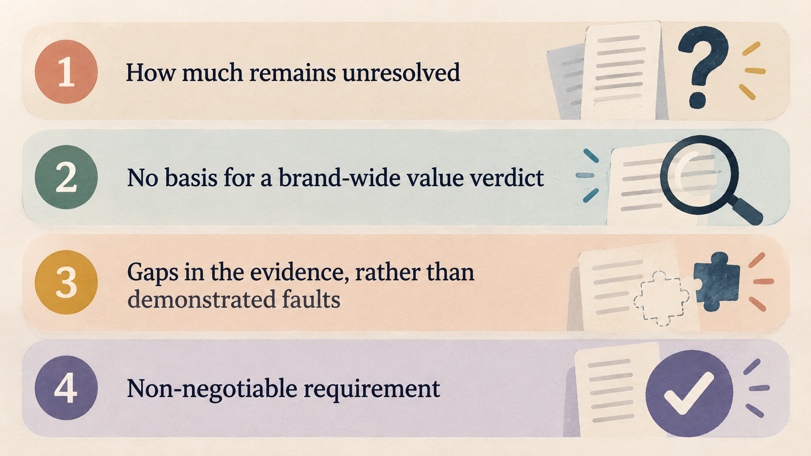 Show the section’s stated response to a non-negotiable requirement as a two-step numbered checklist: verify the missing detail, then defer the purchase until you can verify it.