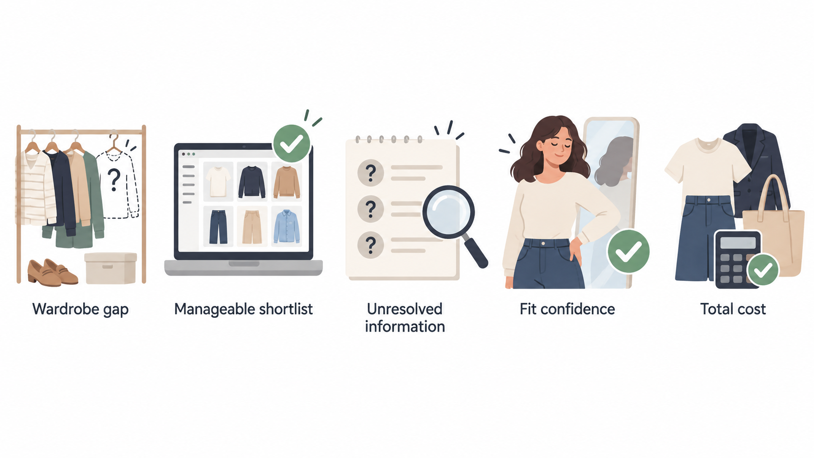 Show one numbered three-point checklist of the conditions the section gives for buying: a genuine wardrobe gap, a suitable garment, and an affordable total cost.