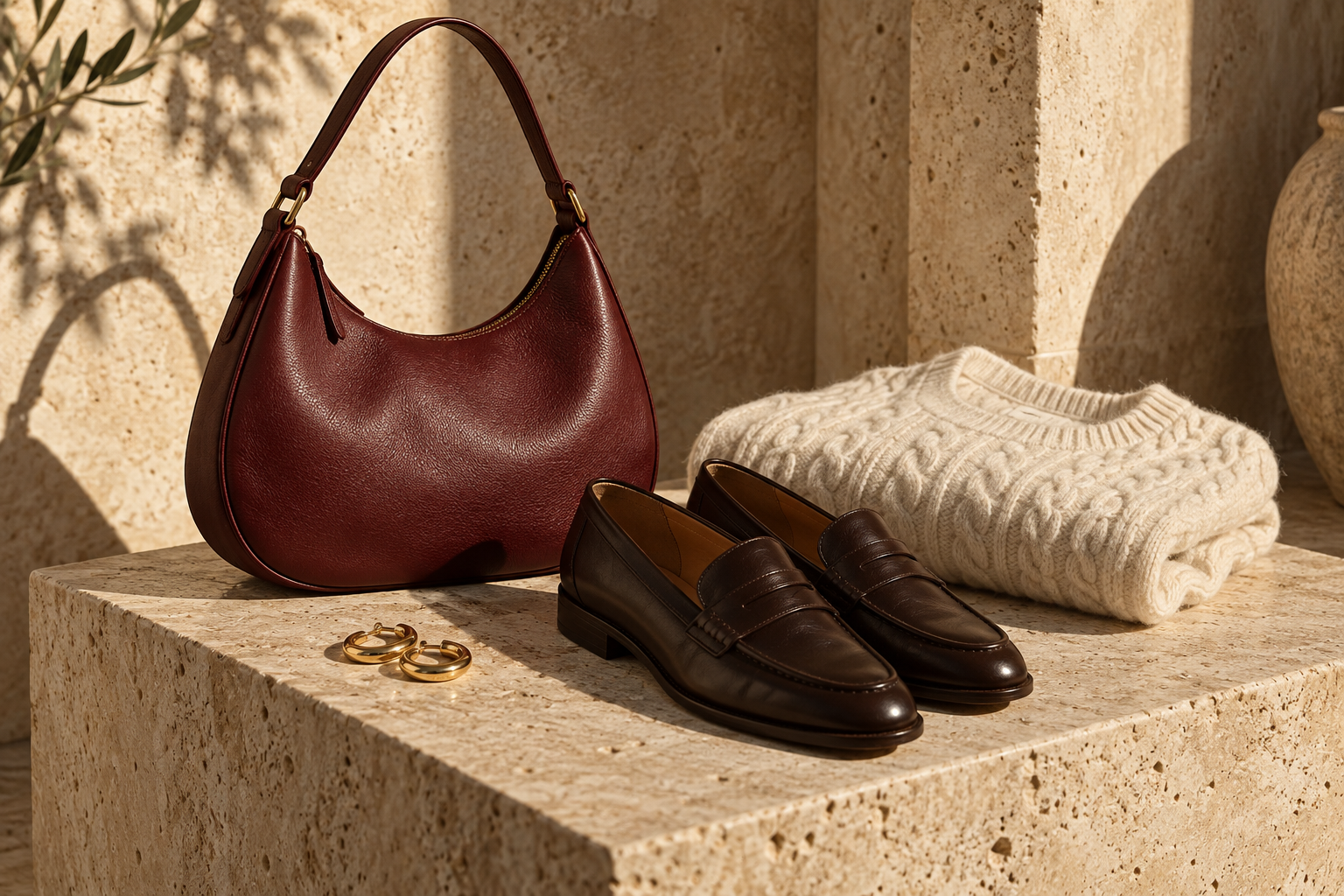 A burgundy bag, loafers, ivory knitwear and gold earrings in warm sunlight